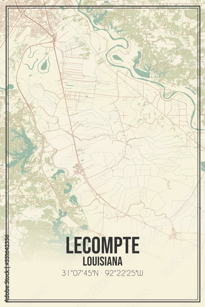 Retro US city map of Lecompte, Louisiana. Vintage street map.