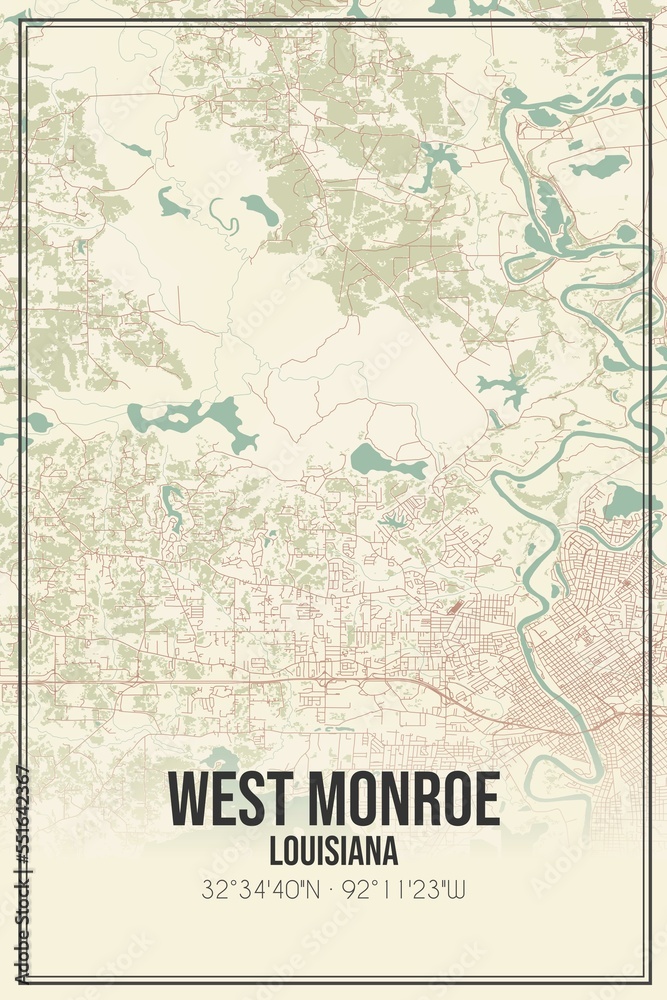 Retro US city map of West Monroe, Louisiana. Vintage street map.