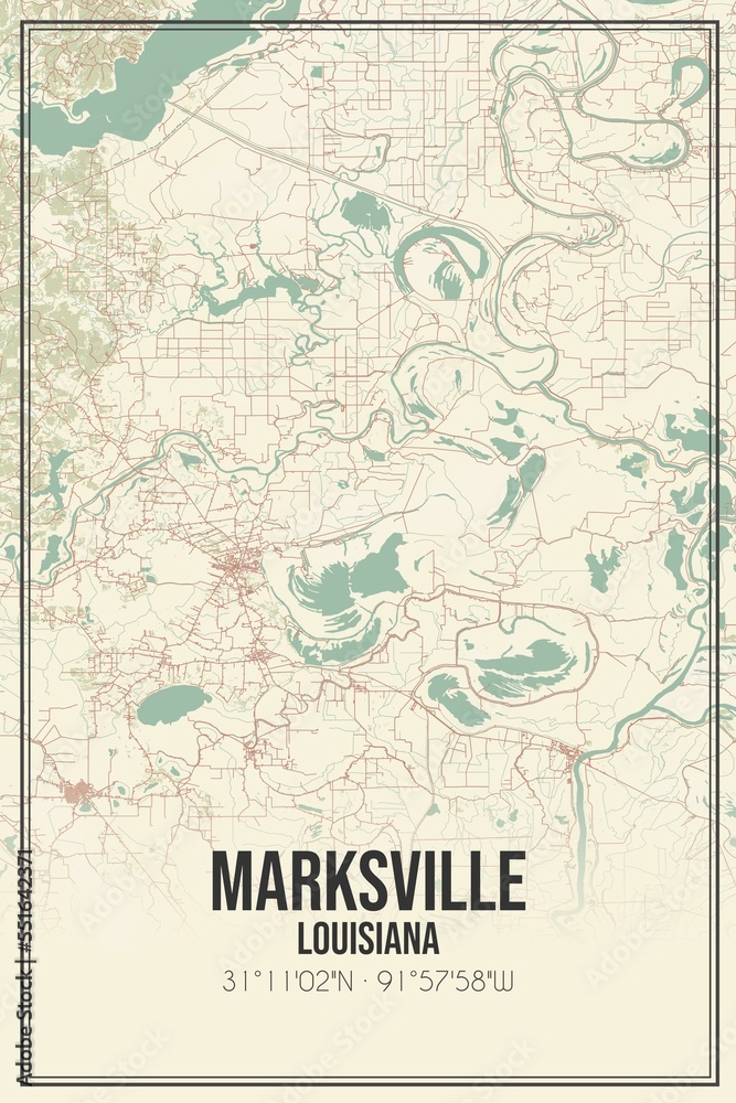 Retro US city map of Marksville, Louisiana. Vintage street map. 素材庫插圖