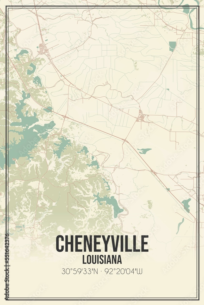 Retro US city map of Cheneyville, Louisiana. Vintage street map.