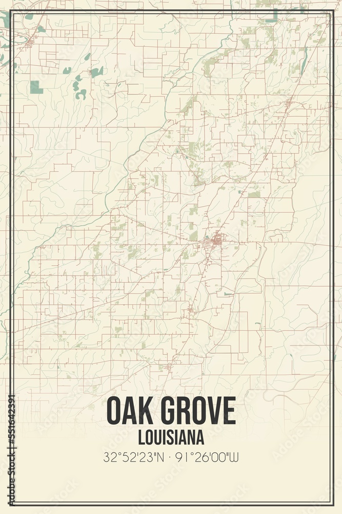 Retro US city map of Oak Grove, Louisiana. Vintage street map.