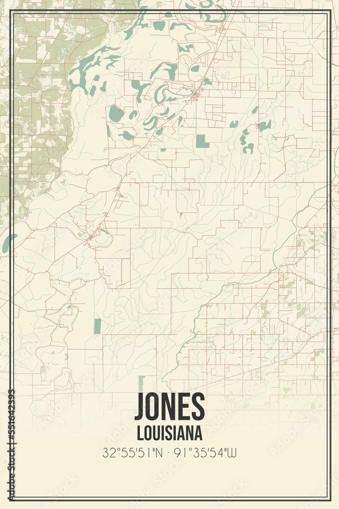Retro US city map of Jones, Louisiana. Vintage street map.