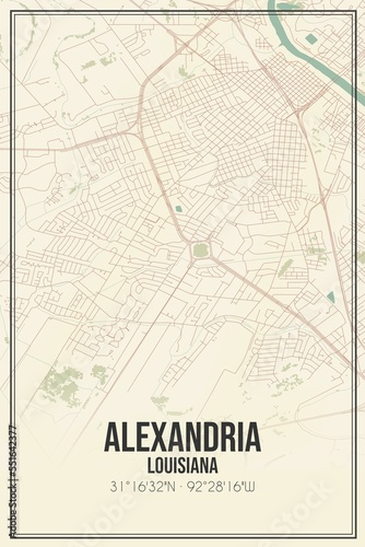 Retro US city map of Alexandria, Louisiana. Vintage street map.