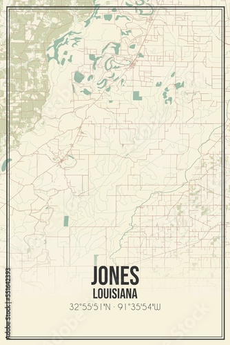 Retro US city map of Jones, Louisiana. Vintage street map.