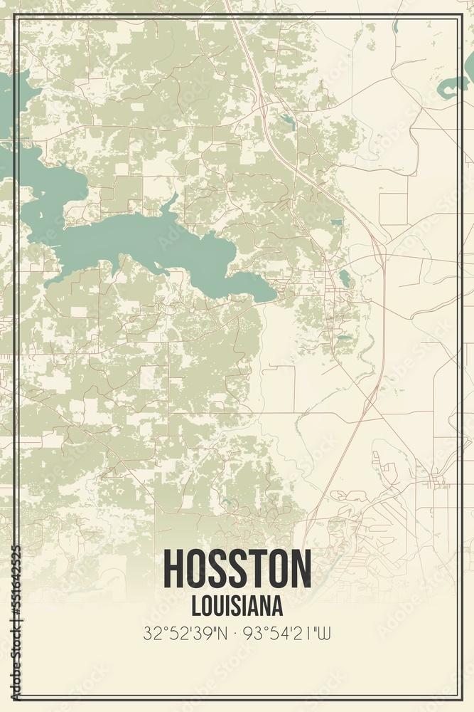 Retro US city map of Hosston, Louisiana. Vintage street map.