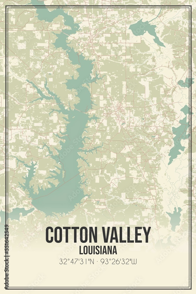 Retro US city map of Cotton Valley, Louisiana. Vintage street map.
