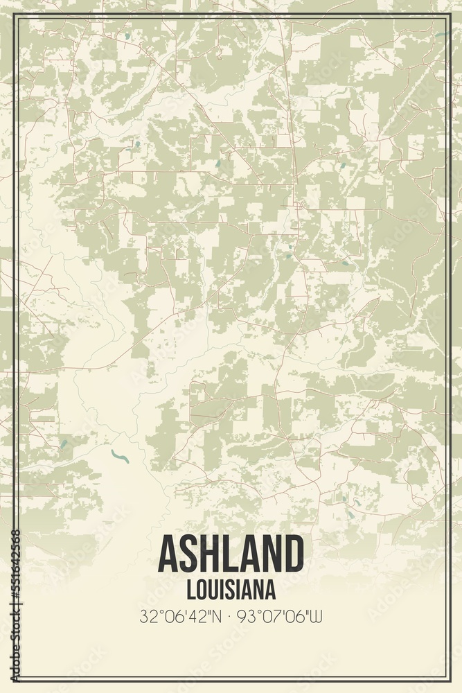 Retro US city map of Ashland, Louisiana. Vintage street map.