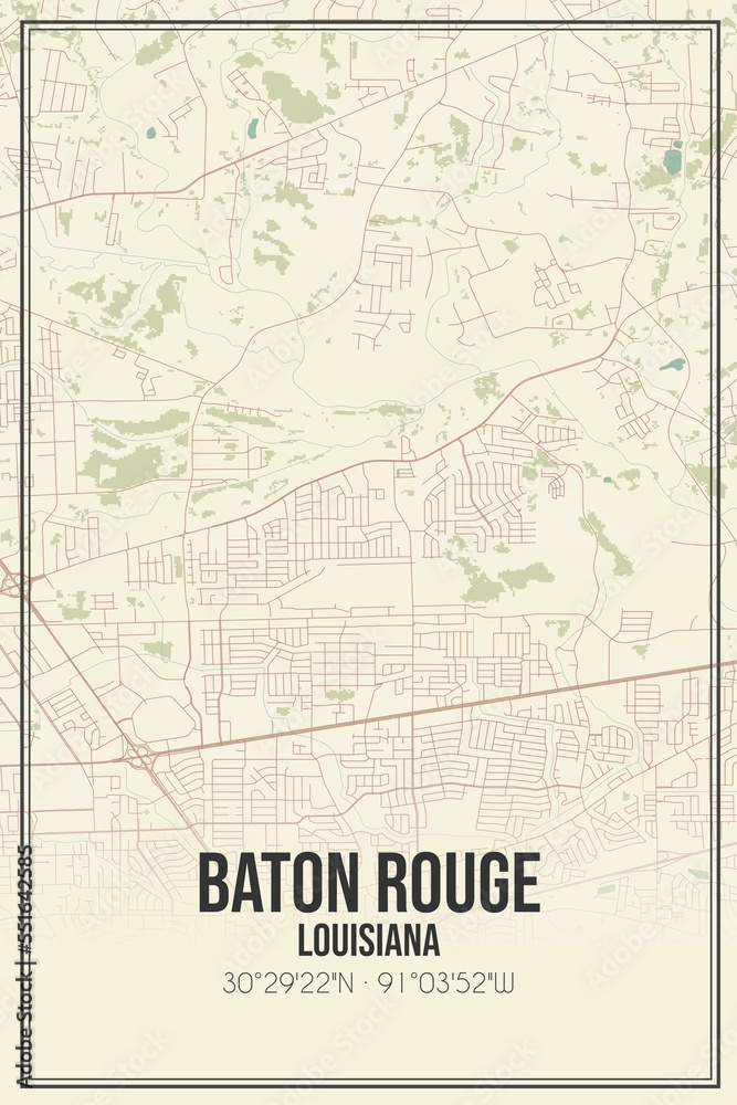 Retro US city map of Baton Rouge, Louisiana. Vintage street map.