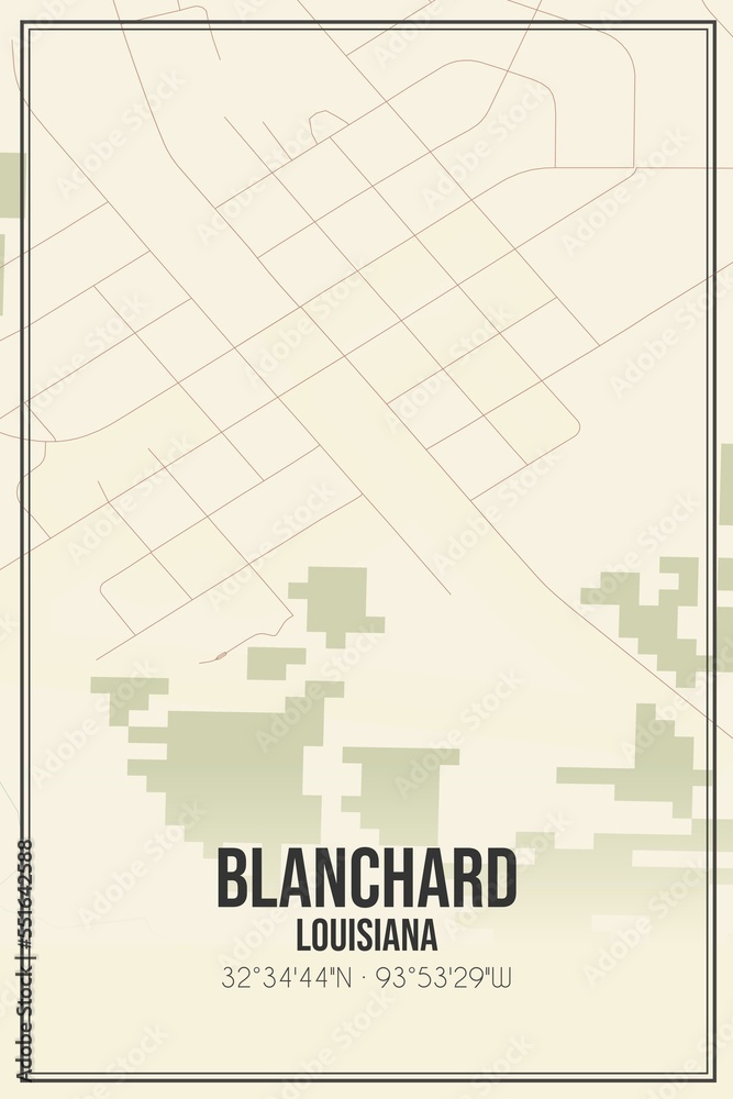 Retro US city map of Blanchard, Louisiana. Vintage street map.