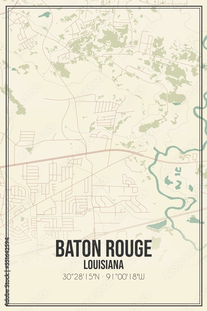 Retro US city map of Baton Rouge, Louisiana. Vintage street map.