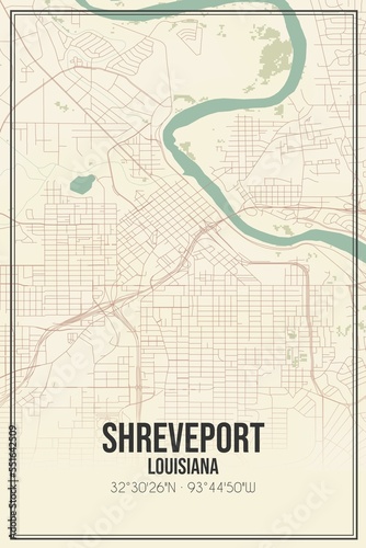 Retro US city map of Shreveport, Louisiana. Vintage street map.