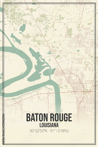Retro US city map of Baton Rouge, Louisiana. Vintage street map.