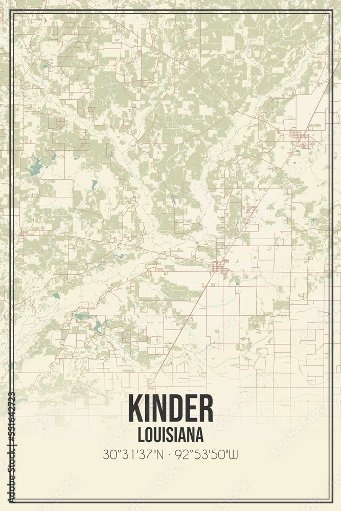 Retro US city map of Kinder, Louisiana. Vintage street map.
