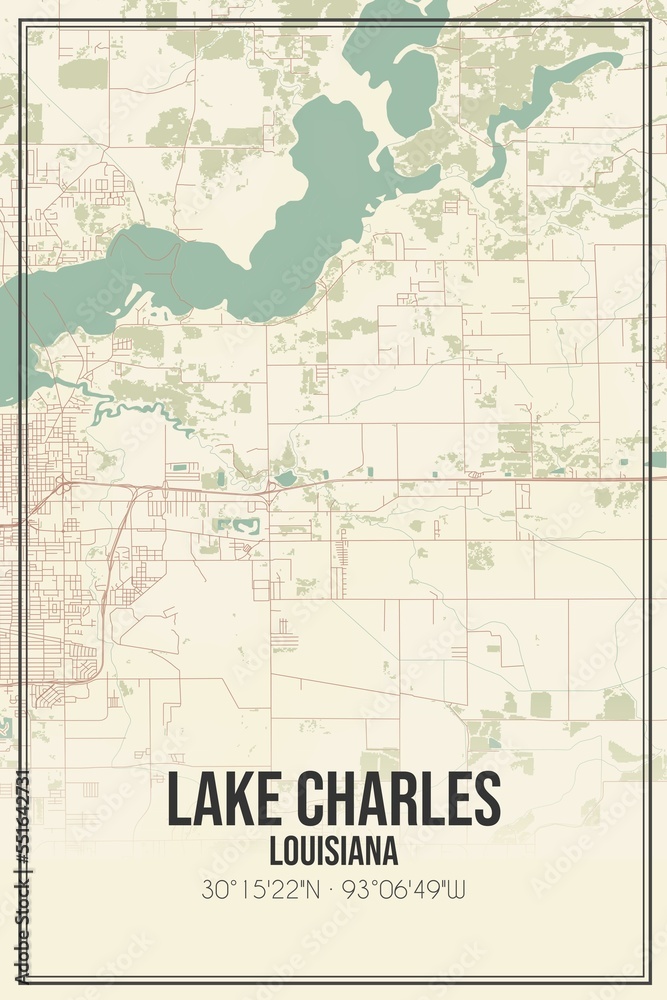 Retro US city map of Lake Charles, Louisiana. Vintage street map.