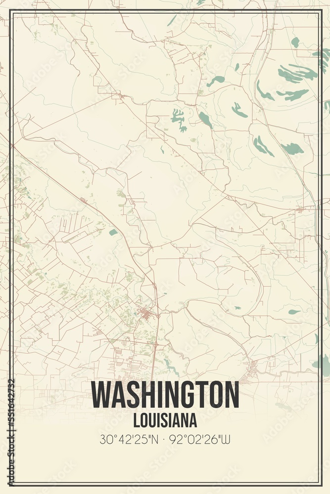 Retro US city map of Washington, Louisiana. Vintage street map.