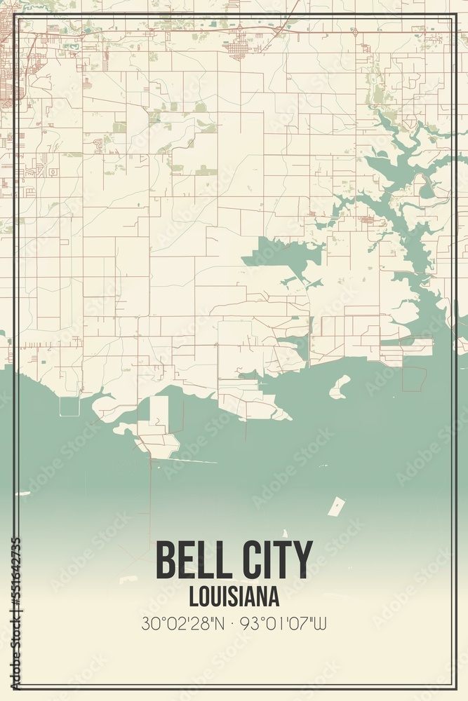 Retro US city map of Bell City, Louisiana. Vintage street map.
