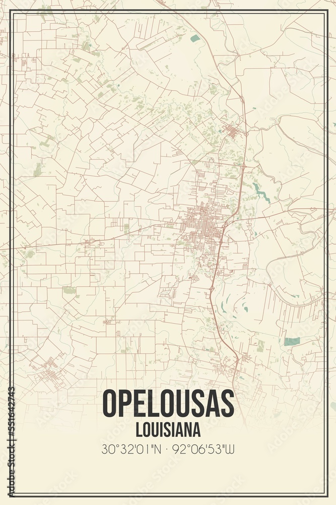 Retro US city map of Opelousas, Louisiana. Vintage street map.
