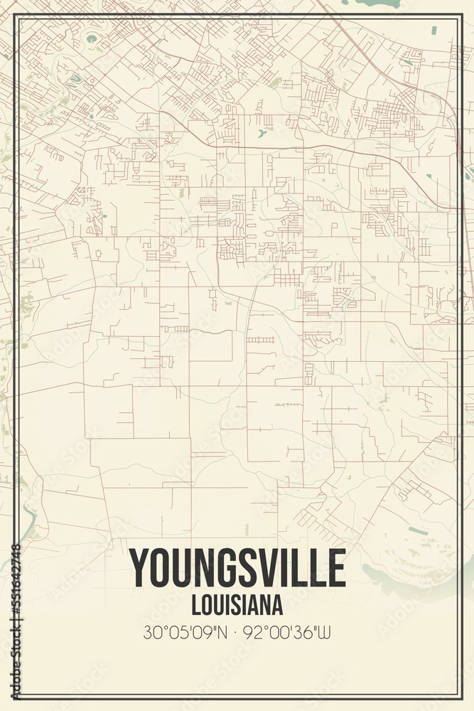 Obraz premium Retro US city map of Youngsville, Louisiana. Vintage street map.