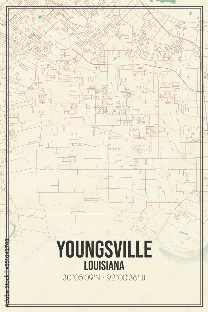 Retro US city map of Youngsville, Louisiana. Vintage street map.