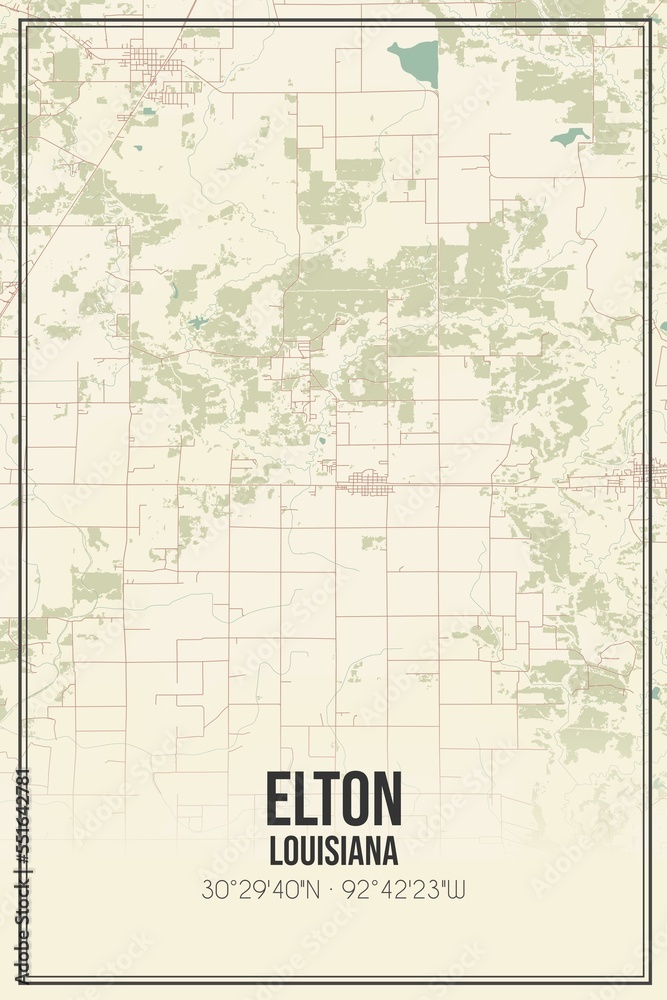 Retro US city map of Elton, Louisiana. Vintage street map.