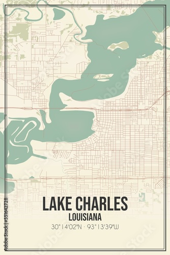 Retro US city map of Lake Charles, Louisiana. Vintage street map. photo