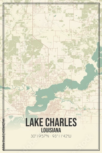 Retro US city map of Lake Charles, Louisiana. Vintage street map. photo