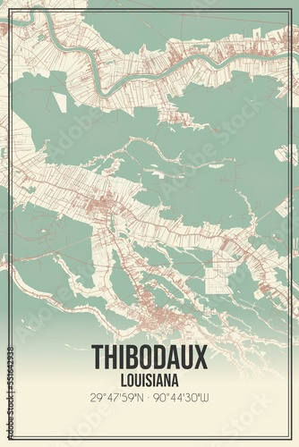 Retro US city map of Thibodaux, Louisiana. Vintage street map. photo
