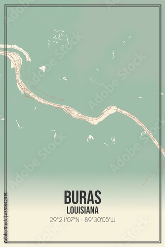 Retro US city map of Buras, Louisiana. Vintage street map. photo