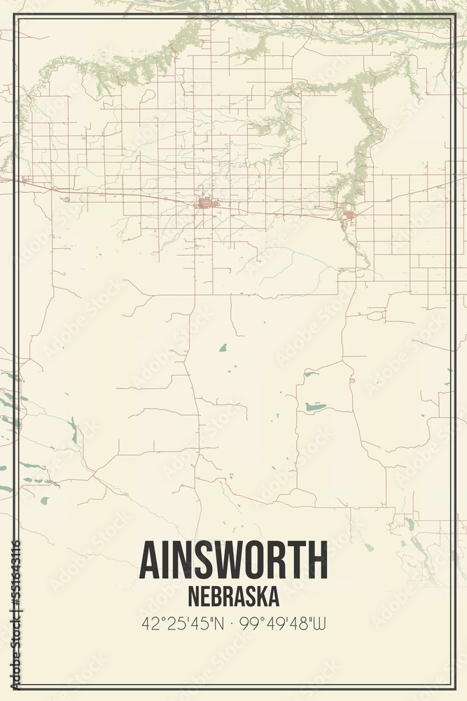 Retro US city map of Ainsworth, Nebraska. Vintage street map.