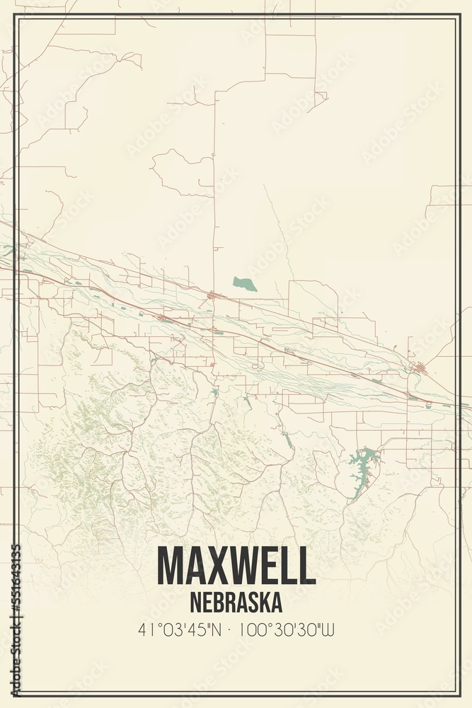 Retro US city map of Maxwell, Nebraska. Vintage street map.