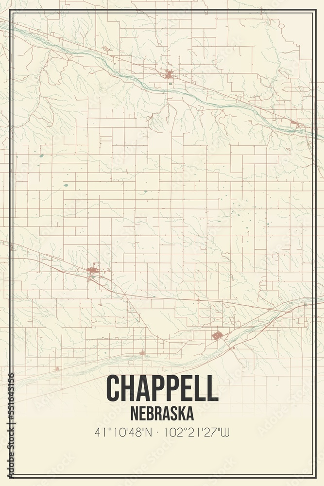 Retro US city map of Chappell, Nebraska. Vintage street map.