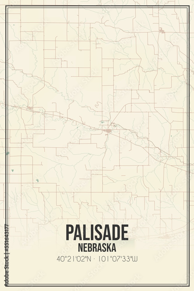 Retro US city map of Palisade, Nebraska. Vintage street map.