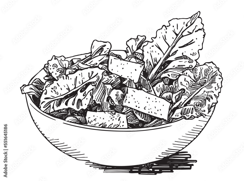 Canvas-taulu Caesar salad with chicken hand drawn engraving sketch Restaurant business concept Vector illustration