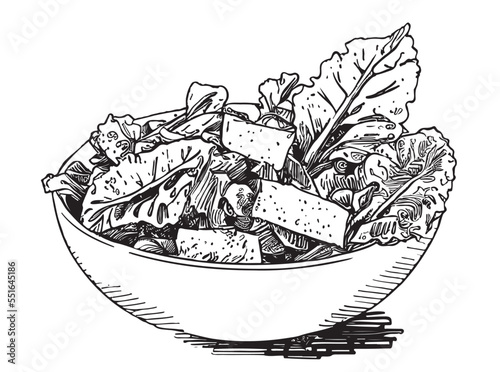 Caesar salad with chicken hand drawn engraving sketch Restaurant business concept Vector illustration. photo