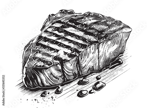 Piece of grilled meat engraving hand drawn sketch Restaurant business concept Vector illustration