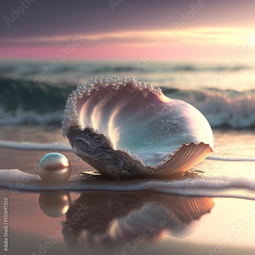Fantasy seascape, seashell with pearls on the ocean, waves, sea foam, sunset. AI photo