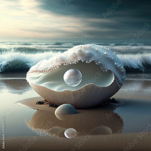 Fantasy seascape, seashell with pearls on the ocean, waves, sea foam, sunset. AI photo