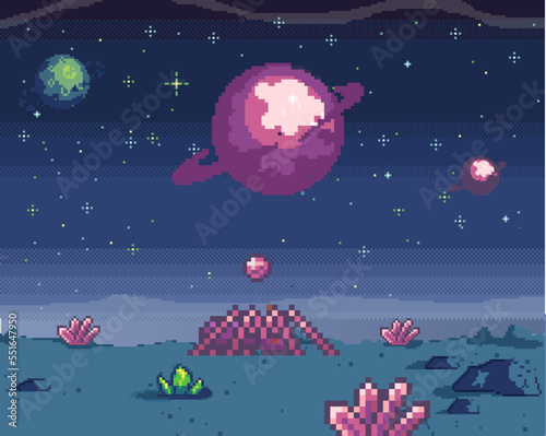 Fototapeta Naklejka Na Ścianę i Meble -  Pixel art cosmic area, game location. Scene with fantastic planets in outer space. Futuristic spaceships during war in space. Pixel retro program about space interface. Pixelated design vector
