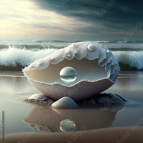 Fantasy seascape, seashell with pearls on the ocean, waves, sea foam, sunset. AI