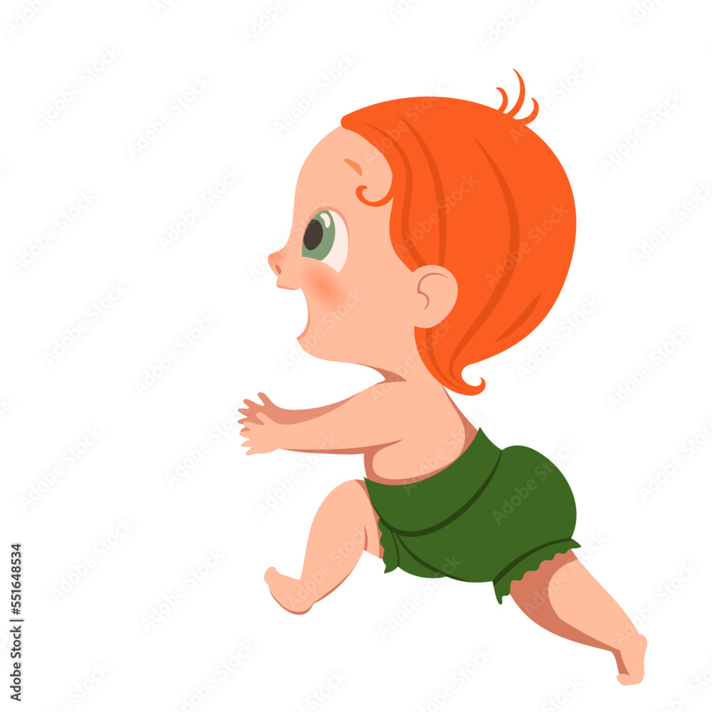 Vector little happy child runs, takes the first steps. A red-haired baby in a green diaper is moving. Vector little happy child runs, takes the first steps. A red-haired baby in a green diaper is moving.