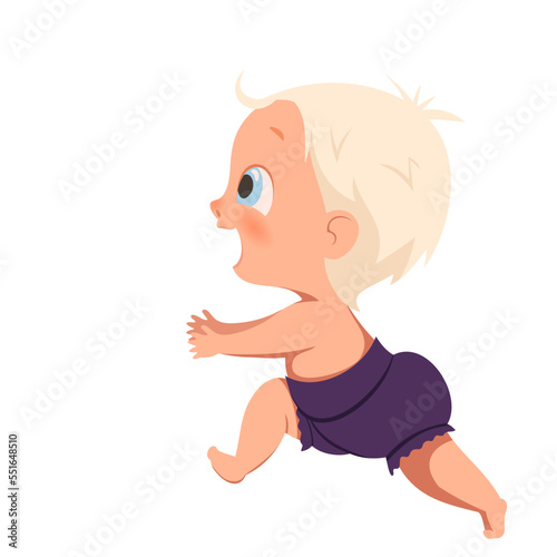 Vector little happy child runs, takes the first steps. A blue-eyed blond baby in a purple diaper runs towards the meeting.
