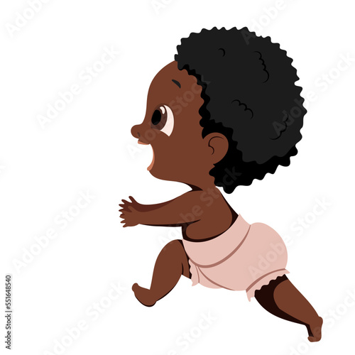Vector little happy child runs, takes the first steps. A dark-skinned, dark-haired baby in a diaper runs towards the meeting.