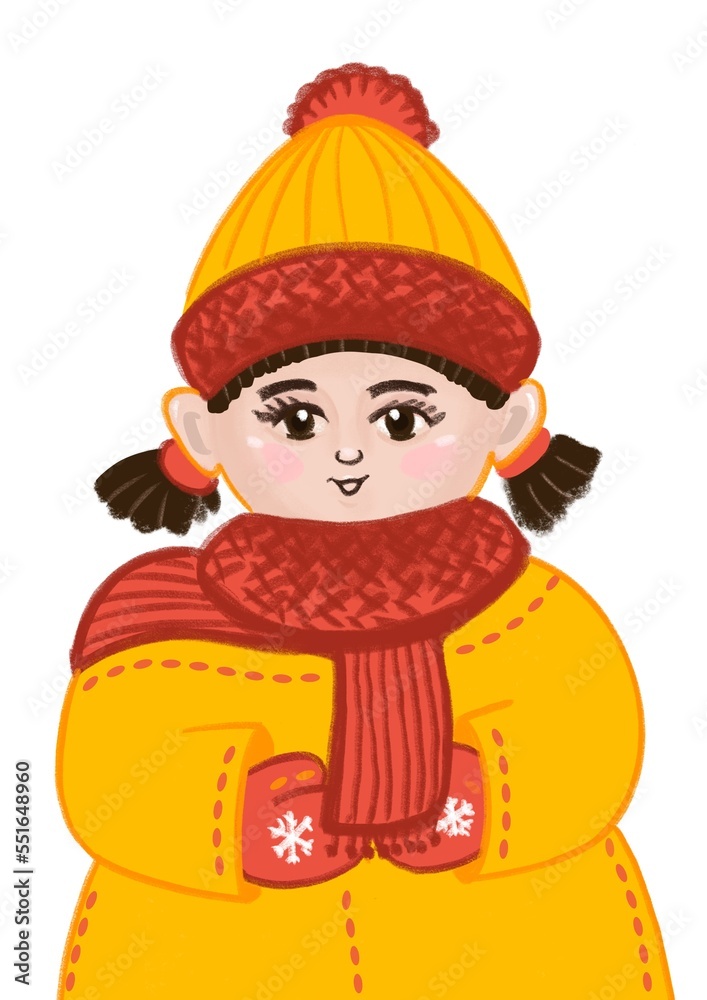 cartoon girl in a yellow jacket and scarf on a white background