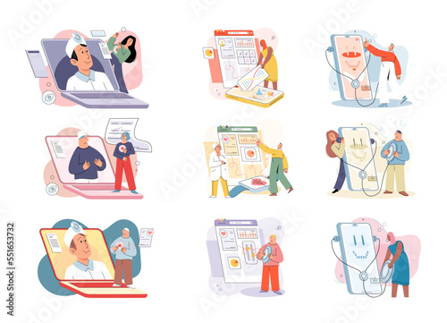 Online medical consultation and support metaphor. Online doctor. Healthcare services, Ask doctor. Tele medicine e-health service. Therapist videocalling phone screen. Diagnosis treatment of patients