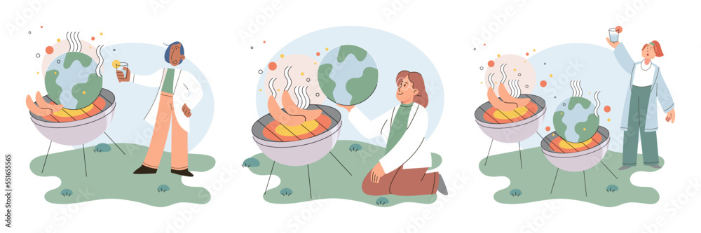 Fototapeta premium Global warming. High temperature and hot weather Earth. Climate change concept. Hot melt planet earth. Global warming heating impact. Tiny people. Raising global temperature. People energy use planet