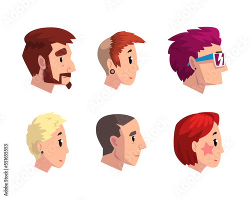 Profile Portrait or Head of Man and Woman Character with Modern Hipster Hairstyle Vector Set
