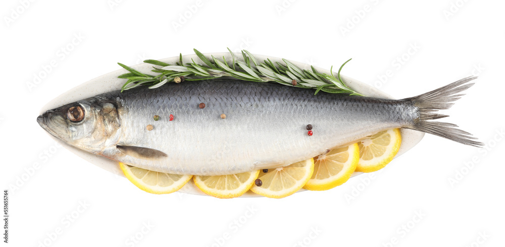Plate with salted herring, slices of lemon, peppercorns and rosemary isolated on white, top view Plate with salted herring, slices of lemon, peppercorns and rosemary isolated on white, top view