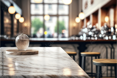 Marble table top and blurred restaurant interior background  used for display or montage products  generative ai