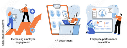 HR department work scenes set, qualified employee responsible for formation of human resources in organization. Specialist engaged in selection, adaptation, dismissal, development of personnel