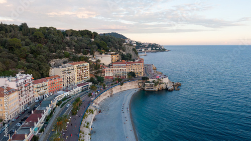 Nice  France Aerial view of coast of sea and city.  Buildings in old Town   Drone view 